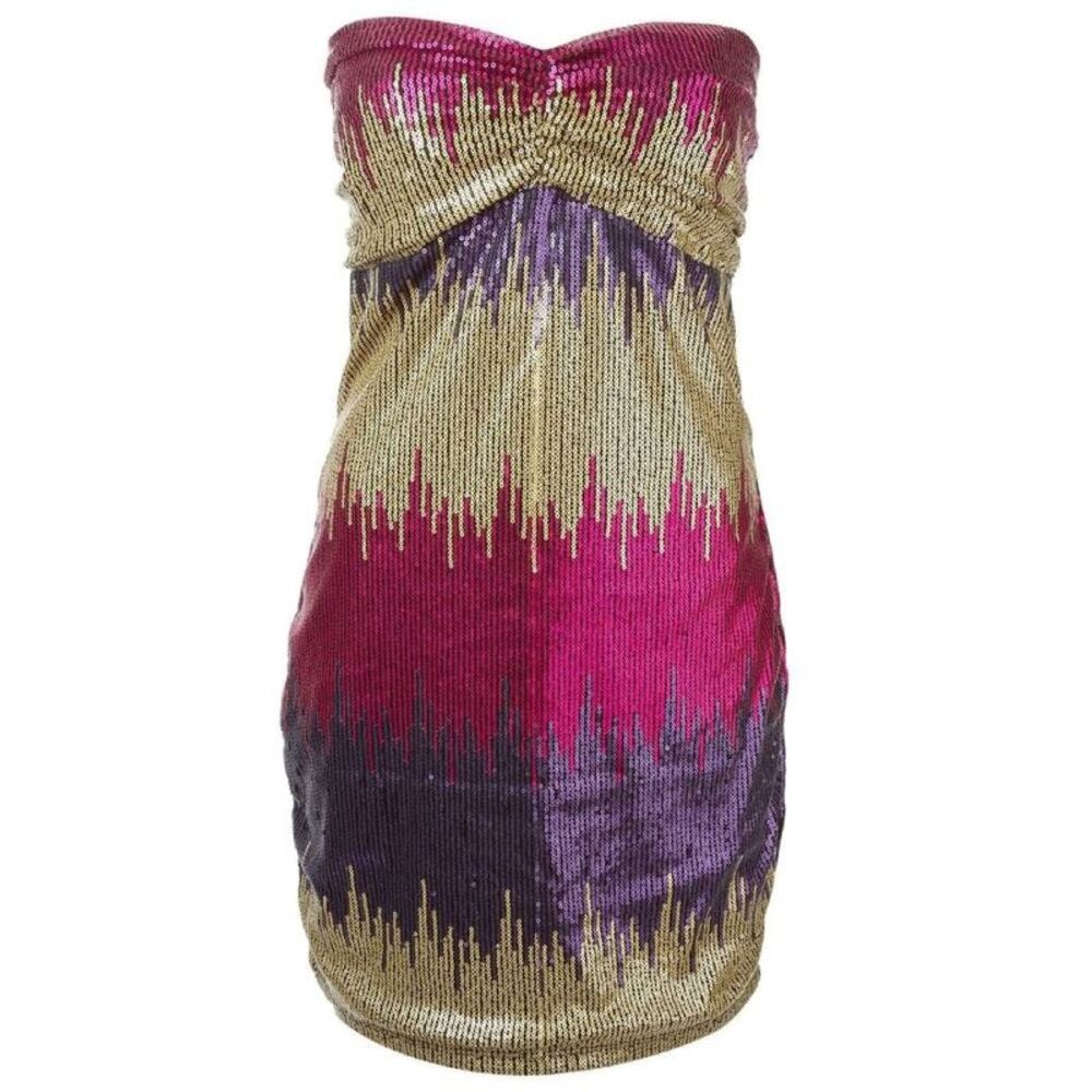 Versace Jeans Couture 90s Gold, Purple & Fuschia Sequin Strapless Mini Dress